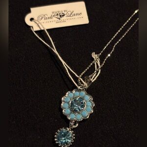 NWT Park Lane Aqua Blue Drop Pendant Necklace Silvertone Adjustable Chain